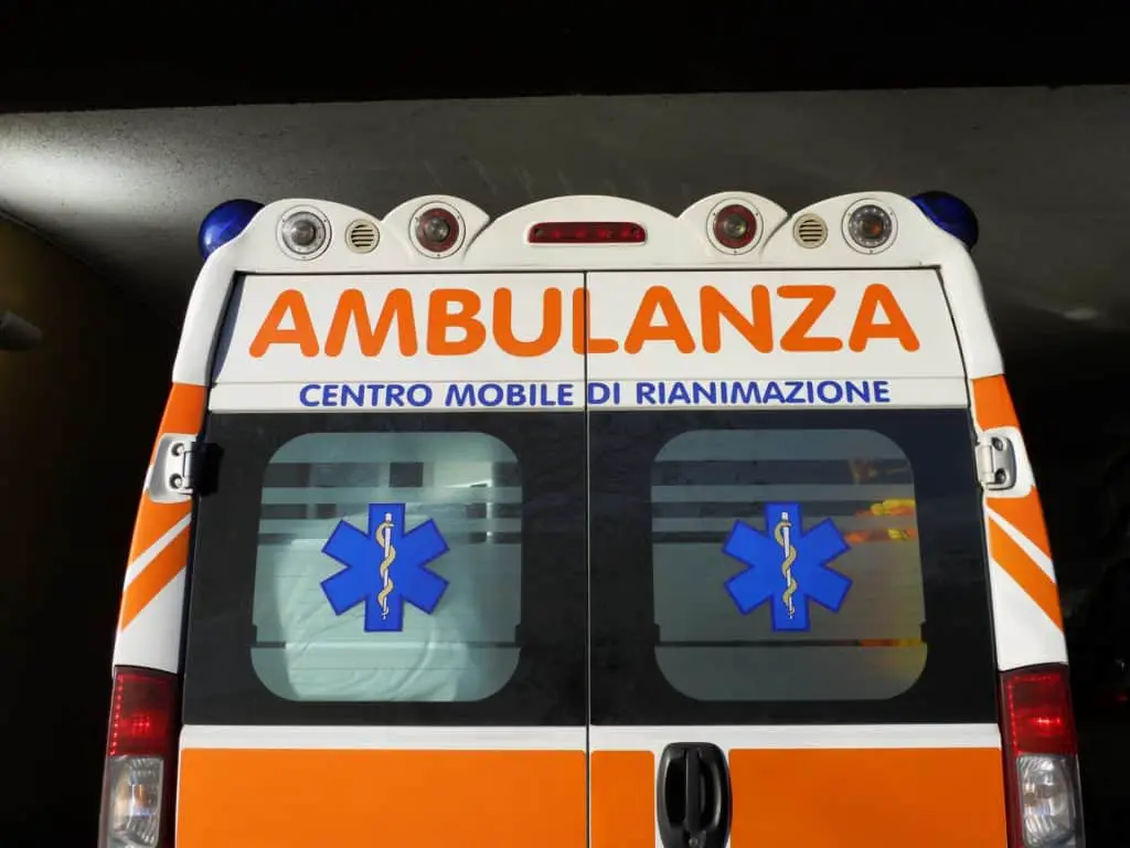Rear view of a closed ambulance, Italy