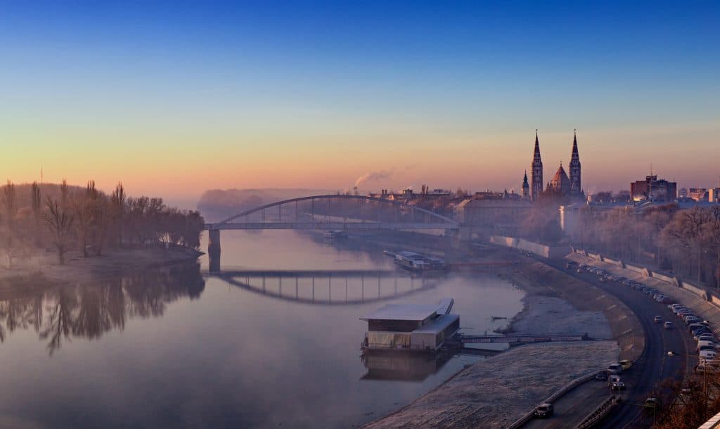 Szeged, Hungary panorama at down. With Votive Church visible in